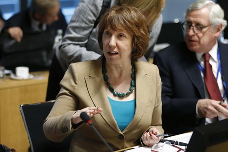 European Union foreign policy chief Catherine Ashton speaks at the start of an EU foreign ministers meeting in Luxembourg April 22, 2013. RE European Union foreign policy chief Catherine Ashton speaks at the start of an EU foreign ministers meeting in Luxembourg April 22, 2013. RE