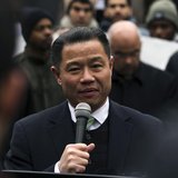 New York City Comptroller and mayoral candidate John Liu speaks in support of a demonstration against the New York Police Department's "stop