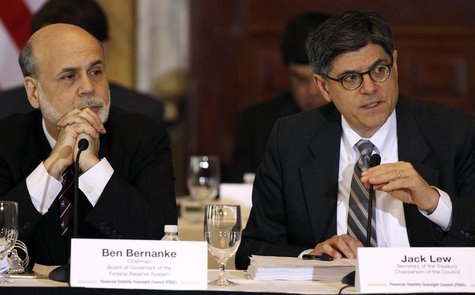 U.S. Treasury Secretary Jack Lew (R) and Chairman of the Federal Reserve Bank Ben Bernanke (L) attend the Treasury Department's Financial St U.S. Treasury Secretary Jack Lew (R) and Chairman of the Federal Reserve Bank Ben Bernanke (L) attend the Treasury Department's Financial St
