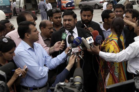 Prosecutor Chaudhry Zulfikar talks to journalists outside the anti-terrorism court (ATC) in Rawalpindi, in this file picture taken April 26, Prosecutor Chaudhry Zulfikar talks to journalists outside the anti-terrorism court (ATC) in Rawalpindi, in this file picture taken April 26,