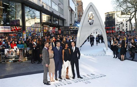Cast members of "Star Trek Into Darkness" (L-R) Chris Pine, Alice Eve, Zachary Quinto, Zoe Saldana and Benedict Cumberbatch pose for photogr Cast members of "Star Trek Into Darkness" (L-R) Chris Pine, Alice Eve, Zachary Quinto, Zoe Saldana and Benedict Cumberbatch pose for photogr