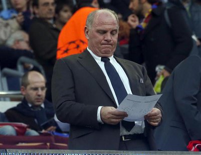 Bayern Munich's President Uli Hoeness waits for the start of the Champions League semi-final second leg soccer match against Barcelona at Ca Bayern Munich's President Uli Hoeness waits for the start of the Champions League semi-final second leg soccer match against Barcelona at Ca