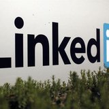 The logo for LinkedIn Corporation, a social networking website for people in professional occupations, is shown in Mountain View, California