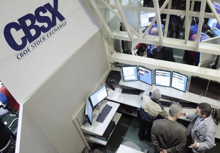 Traders in the CBOE Stock Exchange (CBSX) pit at the Chicago Board Options Exchange (CBOE) execute orders March 5, 2007. REUTERS/Frank Polic Traders in the CBOE Stock Exchange (CBSX) pit at the Chicago Board Options Exchange (CBOE) execute orders March 5, 2007. REUTERS/Frank Polic