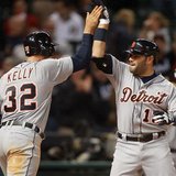 HEROES IN HOUSTON MEET: Detroit Tigers C Alex Avila (R) is congratulated by OF Don Kelly (L) after hitting a two-run homer in the ninth inning of Detroit's 4-3 victory over Houston at Houston's Minute Maid Park on May 3, 2013. Kelly singled home the go-ahead run in a 14-inning, 7-3 victory over the Astros the night before. (photo courtesy Detroit Tigers) HEROES IN HOUSTON MEET: Detroit Tigers C Alex Avila (R) is congratulated by OF Don Kelly (L) after hitting a two-run homer in the ninth inning of Detroit's 4-3 victory over Houston at Houston's Minute Maid Park on May 3, 2013. Kelly singled home the go-ahead run in a 14-inning, 7-3 victory over the Astros the night before. (photo courtesy Detroit Tigers)