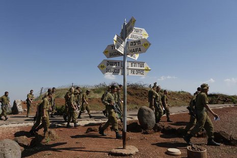 Israeli soldiers walk past signs pointing out distances to different cities at an observation point on Mount Bental in the Israeli-occupied Israeli soldiers walk past signs pointing out distances to different cities at an observation point on Mount Bental in the Israeli-occupied