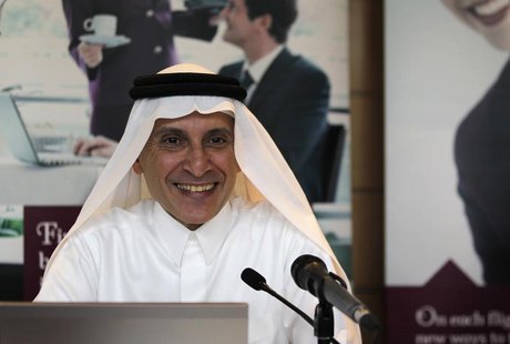 Chief Executive of Qatar Airways Akbar Al Baker laughs during the Arabian Travel Market at Dubai International Convention and Exhibition Cen Chief Executive of Qatar Airways Akbar Al Baker laughs during the Arabian Travel Market at Dubai International Convention and Exhibition Cen