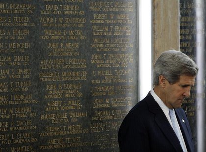 U.S. Secretary of State John Kerry reflects during dedication ceremonies at the State Department for new names inscribed on the American For U.S. Secretary of State John Kerry reflects during dedication ceremonies at the State Department for new names inscribed on the American For