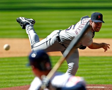 Detroit Tigers RHP Justin Verlander pitches to Houston Astros 1B Carlos Peña during a MLB game at Minute Maid Park on May 5, 2013. Peña's seventh-inning single broke up Verlander's no-hit bid, but the Detroit pitcher allowed just two hits over seven inning in a 9-0 victory over the Astros. (photo courtesy Detroit Tigers) Detroit Tigers RHP Justin Verlander pitches to Houston Astros 1B Carlos Peña during a MLB game at Minute Maid Park on May 5, 2013. Peña's seventh-inning single broke up Verlander's no-hit bid, but the Detroit pitcher allowed just two hits over seven inning in a 9-0 victory over the Astros. (photo courtesy Detroit Tigers)