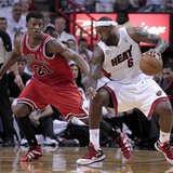Miami Heat small forward LeBron James (6) is guarded by Chicago Bulls small forward Jimmy Butler (21) in the second half during Game 1 of th Miami Heat small forward LeBron James (6) is guarded by Chicago Bulls small forward Jimmy Butler (21) in the second half during Game 1 of th