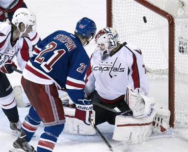 New York Rangers center Derek Stepan (21) scores past Washington Capitals goalie Braden Holtby in the third period of Game 3 of their NHL St New York Rangers center Derek Stepan (21) scores past Washington Capitals goalie Braden Holtby in the third period of Game 3 of their NHL St