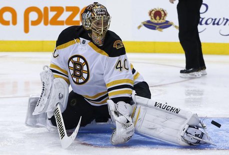 Boston Bruins' Tuukka Rask makes a save against the Toronto Maple Leafs during the second period in Game 3 of their NHL Eastern Conference q Boston Bruins' Tuukka Rask makes a save against the Toronto Maple Leafs during the second period in Game 3 of their NHL Eastern Conference q