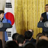 U.S. President Barack Obama (R) gestures as he and South Korea's President Park Geun-hye address a joint news conference in the East Room of U.S. President Barack Obama (R) gestures as he and South Korea's President Park Geun-hye address a joint news conference in the East Room of