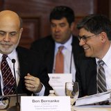 Treasury Secretary Jack Lew (R) and Chairman of the Federal Reserve Bank Ben Bernanke (L) attend the Treasury Department's Financial Stabili Treasury Secretary Jack Lew (R) and Chairman of the Federal Reserve Bank Ben Bernanke (L) attend the Treasury Department's Financial Stabili