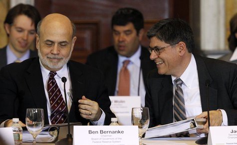 Treasury Secretary Jack Lew (R) and Chairman of the Federal Reserve Bank Ben Bernanke (L) attend the Treasury Department's Financial Stabili Treasury Secretary Jack Lew (R) and Chairman of the Federal Reserve Bank Ben Bernanke (L) attend the Treasury Department's Financial Stabili