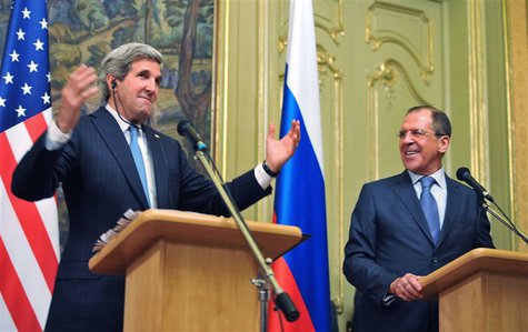 U.S. Secretary of State John Kerry (L) and Russian Foreign Minister Sergei Lavrov take part in a joint news conference after their meeting i U.S. Secretary of State John Kerry (L) and Russian Foreign Minister Sergei Lavrov take part in a joint news conference after their meeting i