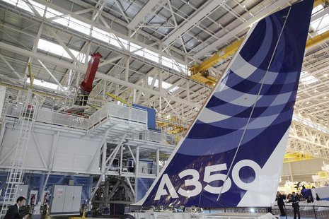 The vertical tail wing of the first Airbus A350 is seen on the final assembly line in Toulouse, southwestern France, October 23,2012. REUTER The vertical tail wing of the first Airbus A350 is seen on the final assembly line in Toulouse, southwestern France, October 23,2012. REUTER