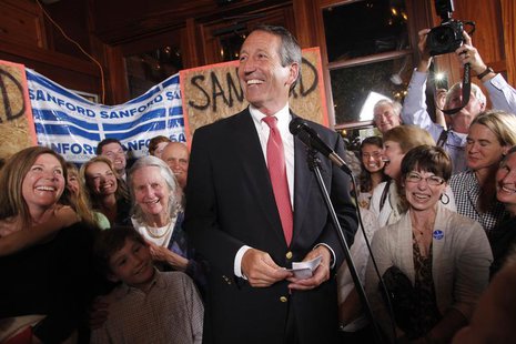 Former South Carolina Governor Mark Sanford celebrates his victory with a large crowd in the South Carolina first district congressional rac Former South Carolina Governor Mark Sanford celebrates his victory with a large crowd in the South Carolina first district congressional rac