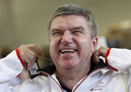 German Olympic Sports Confederation (Deutscher Olympischer Sportbund, DOSB) President Thomas Bach laughs during the kitting out session for German Olympic Sports Confederation (Deutscher Olympischer Sportbund, DOSB) President Thomas Bach laughs during the kitting out session for