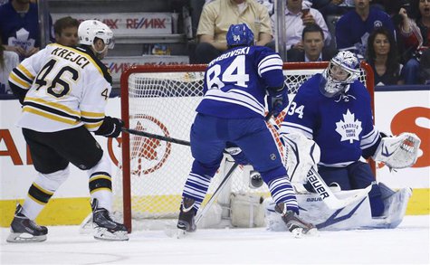 Boston Bruins' David Krejci (L) scores on Toronto Maple Leafs' James Reimer (R) as the Leafs' Mikhail Grabovski follows the play during the Boston Bruins' David Krejci (L) scores on Toronto Maple Leafs' James Reimer (R) as the Leafs' Mikhail Grabovski follows the play during the