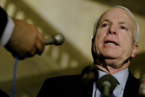 Sen. John McCain (R-Az) talks to the press after a special closed meeting of the U.S. Senate Armed Services Committee, also attended by seni Sen. John McCain (R-Az) talks to the press after a special closed meeting of the U.S. Senate Armed Services Committee, also attended by seni