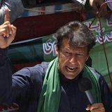 Imran Khan, Pakistani cricketer-turned-politician and chairman of political party Pakistan Tehreek-e-Insaf (PTI), addresses his supporters a
