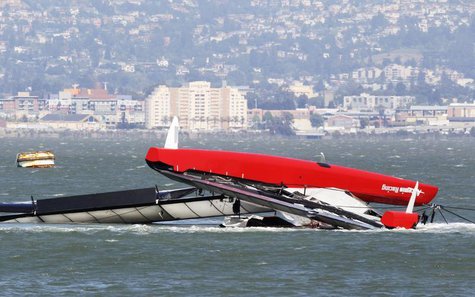 The Artemis Racing yacht is towed to shore after capsizing in the San Francisco Bay, California May 9, 2013. REUTERS/Jed Jacobsohn The Artemis Racing yacht is towed to shore after capsizing in the San Francisco Bay, California May 9, 2013. REUTERS/Jed Jacobsohn