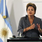 Brazil's President Dilma Rousseff gives a joint statement with her Argentine counterpart Cristina Fernandez de Kirchner (not pictured) at th