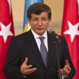 Turkey's Foreign Minister Ahmet Davutoglu speaks during a news briefing with Kazakhstan's Foreign Minister Yerlan Idrisov in Almaty April 26