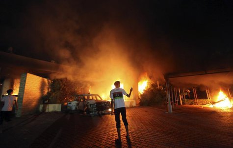 The U.S. Consulate in Benghazi is seen in flames during a protest by an armed group said to have been protesting a film being produced in th The U.S. Consulate in Benghazi is seen in flames during a protest by an armed group said to have been protesting a film being produced in th
