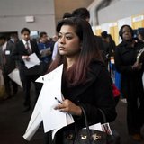 Sarah Azad, a senior majoring in telecommunications at New York City College of Technology, waits to meet with potential employers at the 20