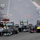 Mercedes Formula One driver Nico Rosberg of Germany (bottom L) leads going into the first curve in the first lap during the Spanish F1 Grand Mercedes Formula One driver Nico Rosberg of Germany (bottom L) leads going into the first curve in the first lap during the Spanish F1 Grand