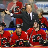 Calgary Flames coach Mike Keenan yells at the referee during the third period of Game 3 in their NHL Western Conference quarterfinal hockey 