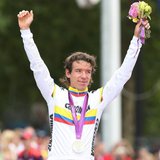 Silver medalist Rigoberto Uran of Colombia celebrates during the victory ceremony after the men's cycling road race at the London 2012 Olymp