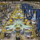 Workers can be seen on the moving line and forward fuselage assembly areas for the F-35 Joint Strike Fighter at Lockheed Martin Corp's facto