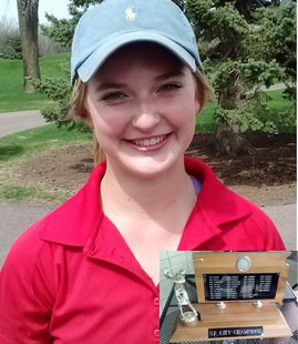 Abbie Grevlos came back from 12 strokes down to win the City Golf Tournament. Inset, Sioux Falls City Championship Trophy. Photo: KELO/KELQ Abbie Grevlos came back from 12 strokes down to win the City Golf Tournament. Inset, Sioux Falls City Championship Trophy. Photo: KELO/KELQ