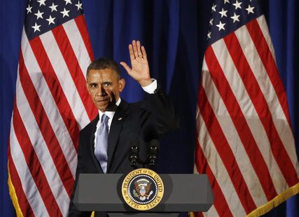 U.S. President Barack Obama waves as he steps off stage after speaking at a Democratic Party fundraiser at the Waldorf Astoria hotel in New U.S. President Barack Obama waves as he steps off stage after speaking at a Democratic Party fundraiser at the Waldorf Astoria hotel in New