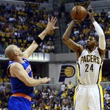 Indiana Pacers forward Paul George (24) shoots the ball as New York Knicks guard Jason Kidd defends during the first half of an NBA Eastern Indiana Pacers forward Paul George (24) shoots the ball as New York Knicks guard Jason Kidd defends during the first half of an NBA Eastern