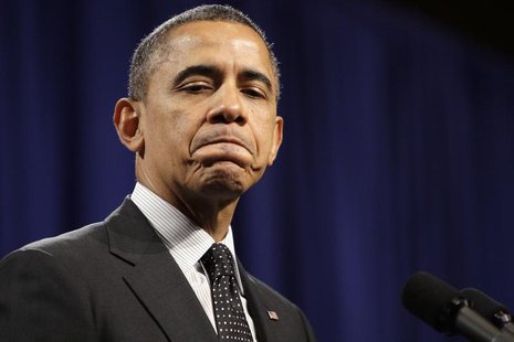 President Barack Obama pauses during remarks at the House Democratic Issues Conference in Lansdowne, Virginia, February 7, 2013. REUTERS/Jon President Barack Obama pauses during remarks at the House Democratic Issues Conference in Lansdowne, Virginia, February 7, 2013. REUTERS/Jon