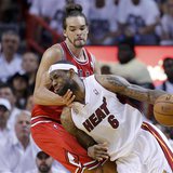 Miami Heat's LeBron James (6) drives past Chicago Bulls' Joakim Noah during the fourth quarter in Game 5 of their NBA Eastern Conference sem Miami Heat's LeBron James (6) drives past Chicago Bulls' Joakim Noah during the fourth quarter in Game 5 of their NBA Eastern Conference sem