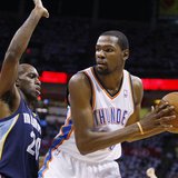 Oklahoma City Thunder forward Kevin Durant (R) is guarded by Memphis Grizzlies forward Quincy Pondexter (L) in the first half of Game 5 of t Oklahoma City Thunder forward Kevin Durant (R) is guarded by Memphis Grizzlies forward Quincy Pondexter (L) in the first half of Game 5 of t