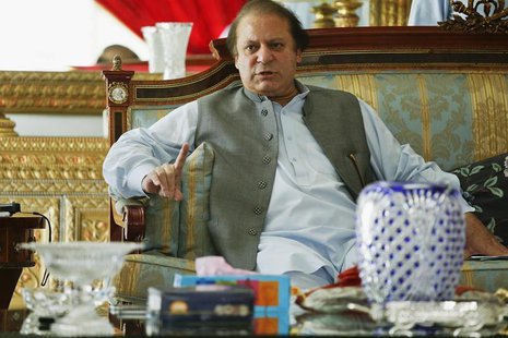 Nawaz Sharif, the leader of Pakistan Muslim League - Nawaz (PML-N), points as he speaks to foreign reporters at his residence in Lahore May Nawaz Sharif, the leader of Pakistan Muslim League - Nawaz (PML-N), points as he speaks to foreign reporters at his residence in Lahore May