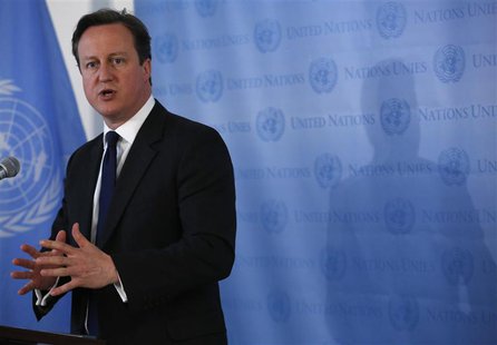 British Prime Minister David Cameron speaks during a news conference at the United Nations headquarters in New York May 15, 2013. REUTERS/Br British Prime Minister David Cameron speaks during a news conference at the United Nations headquarters in New York May 15, 2013. REUTERS/Br