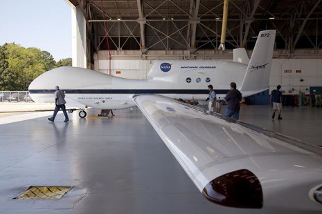 The Global Hawk is pictured at the aircraft hangar of NASA's Wallops Flight Facility in Wallops Island, Virginia on September 7, 2012, relea The Global Hawk is pictured at the aircraft hangar of NASA's Wallops Flight Facility in Wallops Island, Virginia on September 7, 2012, relea