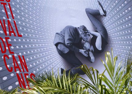 A giant canvas of the official poster of the 66th Cannes Film Festival featuring Joanne Woodward and Paul Newman, photographed during the sh A giant canvas of the official poster of the 66th Cannes Film Festival featuring Joanne Woodward and Paul Newman, photographed during the sh
