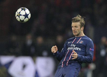 Paris St Germain's David Beckham reacts during their Champions League quarter-final first leg soccer match against Barcelona at the Parc des Paris St Germain's David Beckham reacts during their Champions League quarter-final first leg soccer match against Barcelona at the Parc des