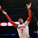 New York Knicks' Carmelo Anthony reacts as he has his shot blocked by Indiana Pacers' Paul George during the second quarter in Game 5 of the New York Knicks' Carmelo Anthony reacts as he has his shot blocked by Indiana Pacers' Paul George during the second quarter in Game 5 of the