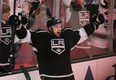 Los Angeles Kings Trevor Lewis celebrates scoring the winning goal against the San Jose Sharks during Game 2 of their NHL Western Conference Los Angeles Kings Trevor Lewis celebrates scoring the winning goal against the San Jose Sharks during Game 2 of their NHL Western Conference