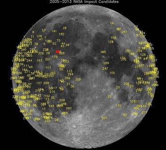 Hundreds of meteoroid impacts on the moon, detected by NASA's lunar monitoring program, are pictured in this undated NASA handout photo. REU Hundreds of meteoroid impacts on the moon, detected by NASA's lunar monitoring program, are pictured in this undated NASA handout photo. REU