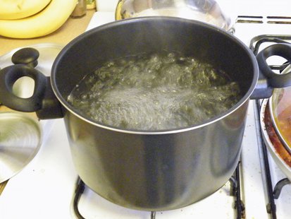 Water boils in a pot on a stove. Water boils in a pot on a stove.